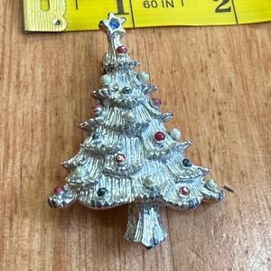 Vintage ART Signed Silver Tone Enamel Christmas Tree Brooch Pin Rhinestone Star